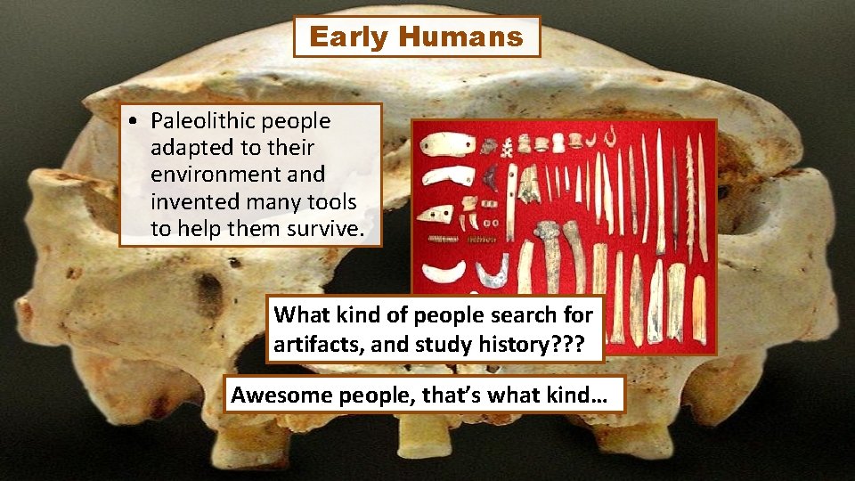 Early Humans • Paleolithic people adapted to their environment and invented many tools to