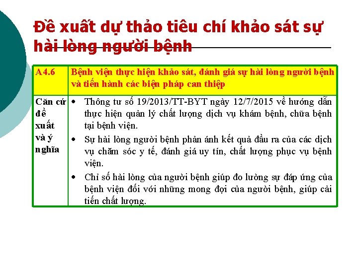 Đề xuất dự thảo tiêu chí khảo sát sự hài lòng người bệnh A