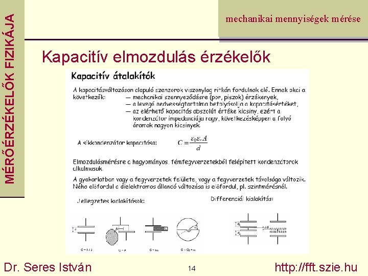 MÉRŐÉRZÉKELŐK FIZIKÁJA mechanikai mennyiségek mérése Kapacitív elmozdulás érzékelők Dr. Seres István 14 http: //fft.