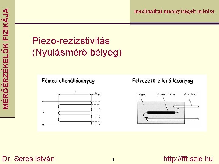 MÉRŐÉRZÉKELŐK FIZIKÁJA mechanikai mennyiségek mérése Piezo-rezizstivitás (Nyúlásmérő bélyeg) Dr. Seres István 3 http: //fft.