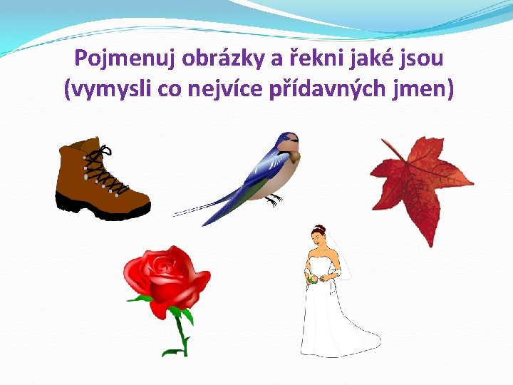 Pojmenuj obrázky a řekni jaké jsou (vymysli co nejvíce přídavných jmen) 