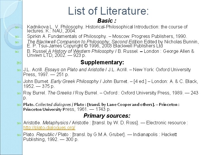 List of Literature: Basic : Kadnikova L. V. Philosophy. Historical-Philosophical Introduction: the course of