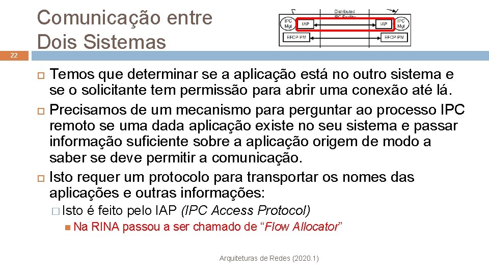 22 Comunicação entre Dois Sistemas Temos que determinar se a aplicação está no outro