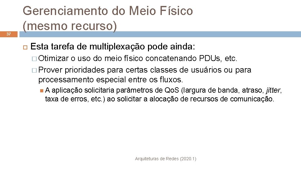 37 Gerenciamento do Meio Físico (mesmo recurso) Esta tarefa de multiplexação pode ainda: �