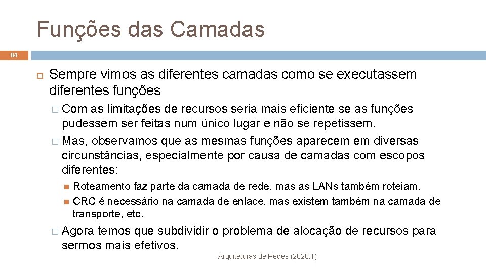 Funções das Camadas 84 Sempre vimos as diferentes camadas como se executassem diferentes funções