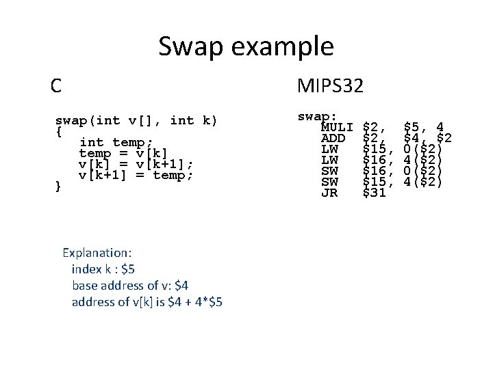 Swap example C MIPS 32 swap(int v[], int k) { int temp; temp =