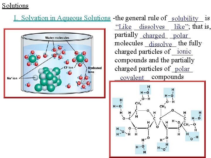 Solutions I. Solvation in Aqueous Solutions -the general rule of _____ solubility is _____