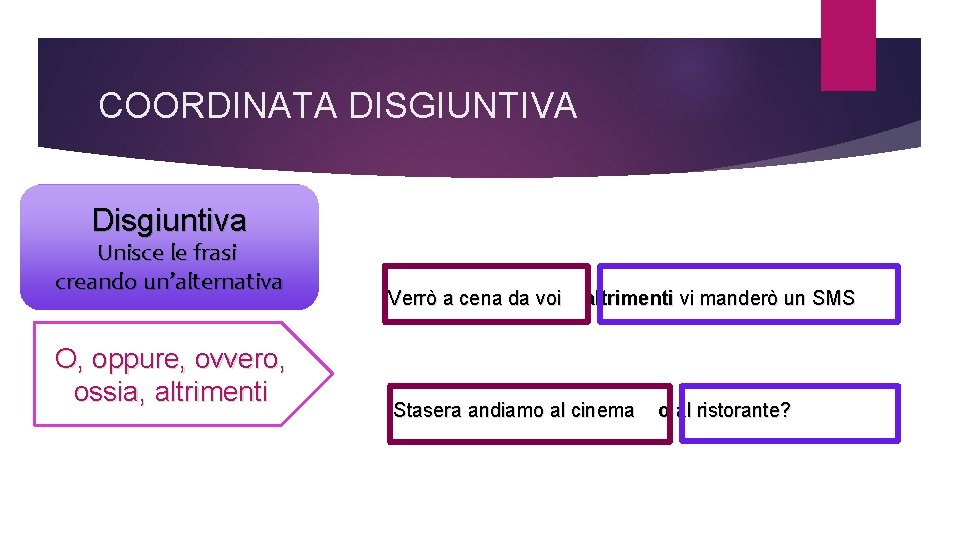 COORDINATA DISGIUNTIVA Disgiuntiva Unisce le frasi creando un’alternativa O, oppure, ovvero, ossia, altrimenti Verrò