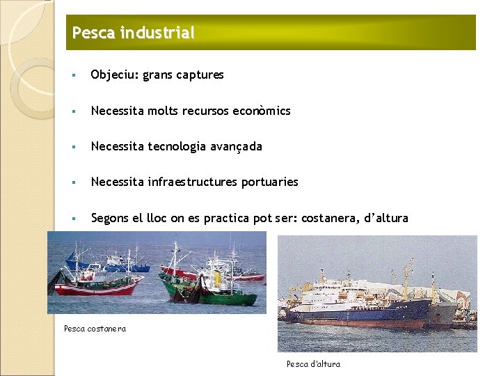 Pesca industrial § Objeciu: grans captures § Necessita molts recursos econòmics § Necessita tecnologia