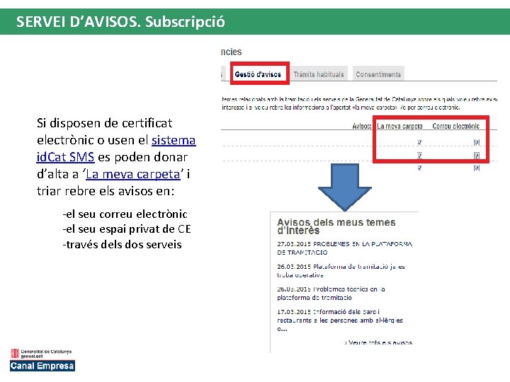 SERVEI D’AVISOS. Subscripció Si disposen de certificat electrònic o usen el sistema id. Cat