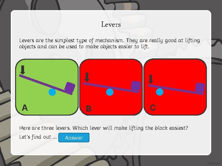 Levers are the simplest type of mechanism. They are really good at lifting objects