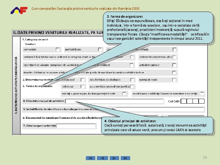 Cum completăm Declaraţia privind veniturile realizate din România D 200 3. Forma de organizare: