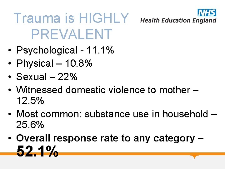 Trauma is HIGHLY PREVALENT • • Psychological - 11. 1% Physical – 10. 8%