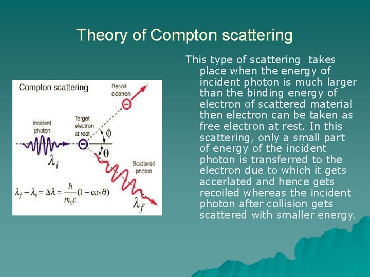 Theory of Compton scattering This type of scattering takes place when the energy of