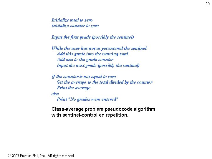 15 Initialize total to zero Initialize counter to zero Input the first grade (possibly 15 Initialize total to zero Initialize counter to zero Input the first grade (possibly