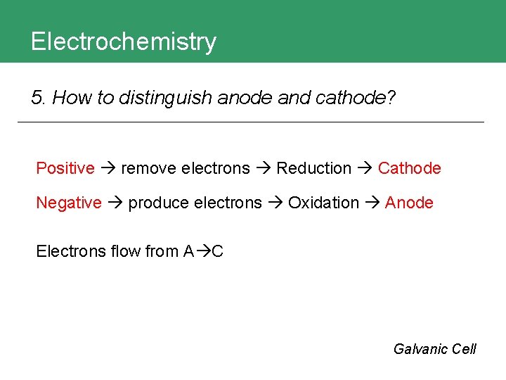 Electrochemistry 5. How to distinguish anode and cathode? Positive remove electrons Reduction Cathode Negative