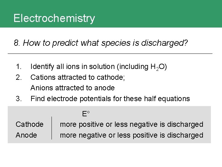 Electrochemistry 8. How to predict what species is discharged? 1. 2. 3. Identify all