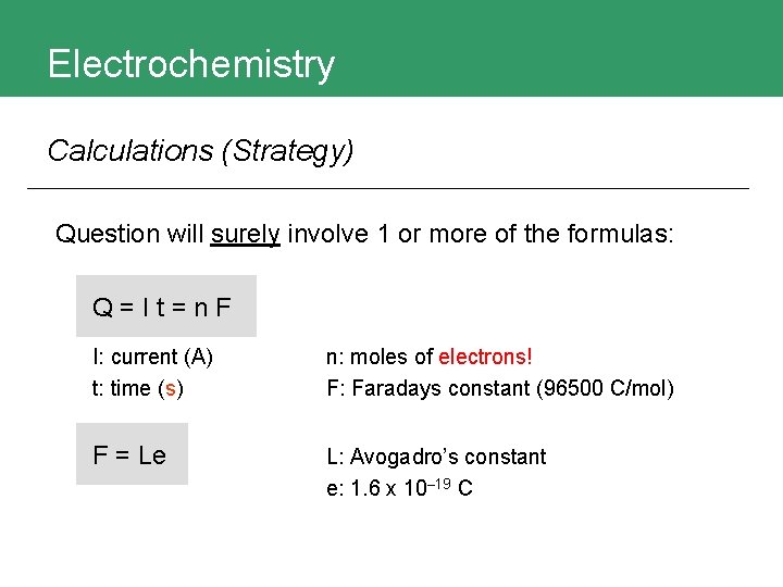 Electrochemistry Calculations (Strategy) Question will surely involve 1 or more of the formulas: Q=It=n.
