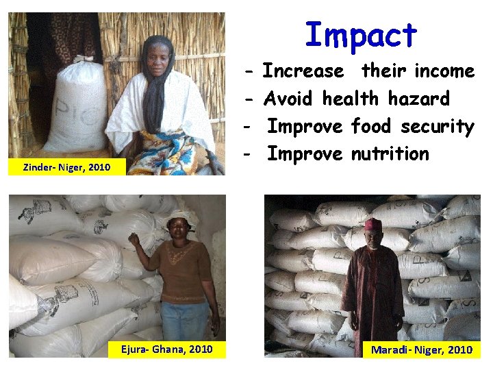 Impact - Zinder- Niger, 2010 Ejura- Ghana, 2010 Increase their income Avoid health hazard