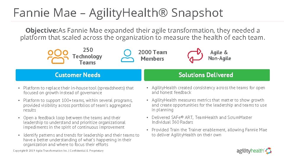 Fannie Mae – Agility. Health® Snapshot Objective: As Fannie Mae expanded their agile transformation,