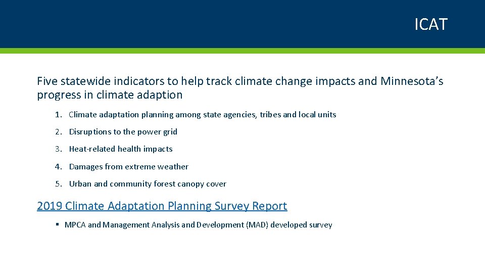 ICAT Five statewide indicators to help track climate change impacts and Minnesota’s progress in