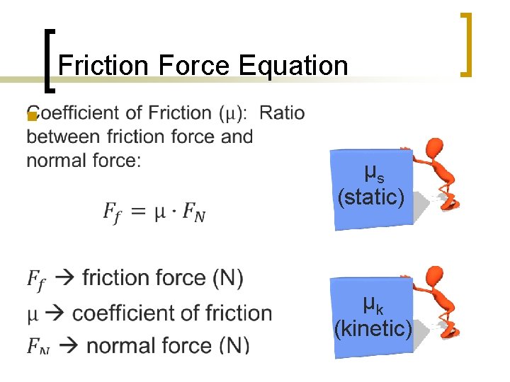 Friction Force Equation n μs (static) μk (kinetic) 