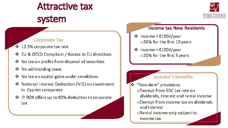 Attractive tax system Corporate Tax v 12. 5% corporate tax rate v EU &