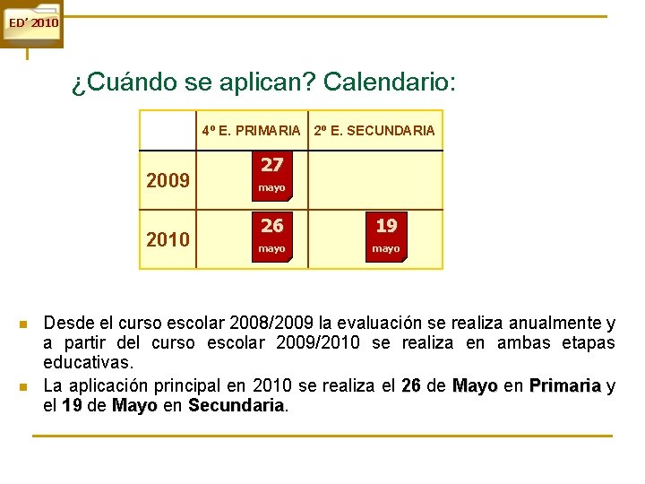 ED’ 2010 ¿Cuándo se aplican? Calendario: 4º E. PRIMARIA 2º E. SECUNDARIA 2009 2010