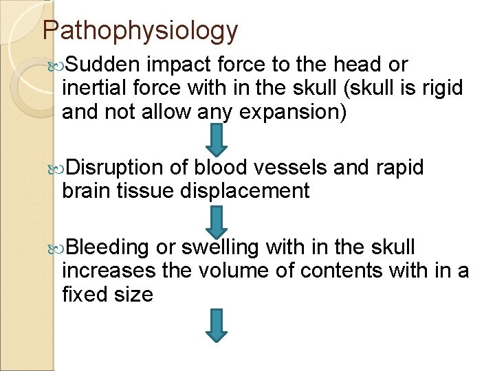 Pathophysiology Sudden impact force to the head or inertial force with in the skull