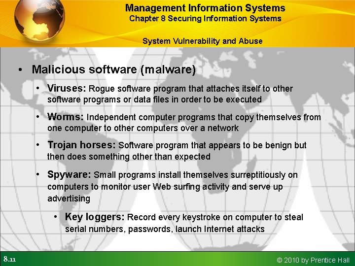 Management Information Systems Chapter 8 Securing Information Systems System Vulnerability and Abuse • Malicious