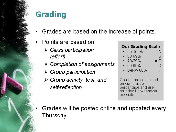 Grading • Grades are based on the increase of points. • Points are based