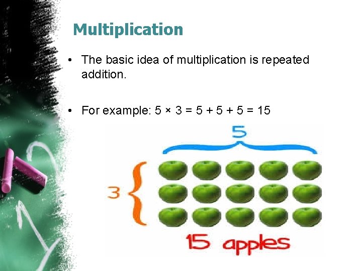 Multiplication • The basic idea of multiplication is repeated addition. • For example: 5