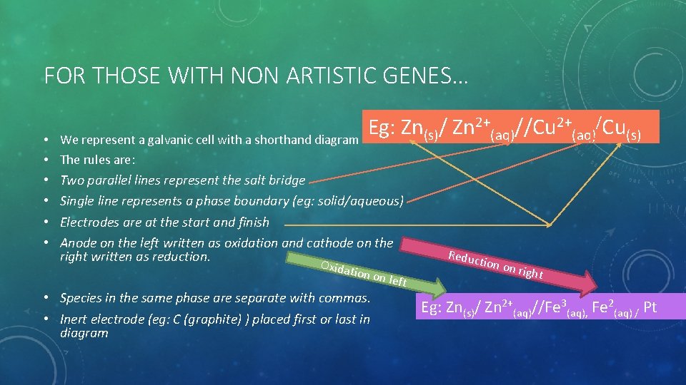 FOR THOSE WITH NON ARTISTIC GENES… Eg: Zn(s)/ Zn 2+(aq)//Cu 2+(aq)/Cu(s) • We represent