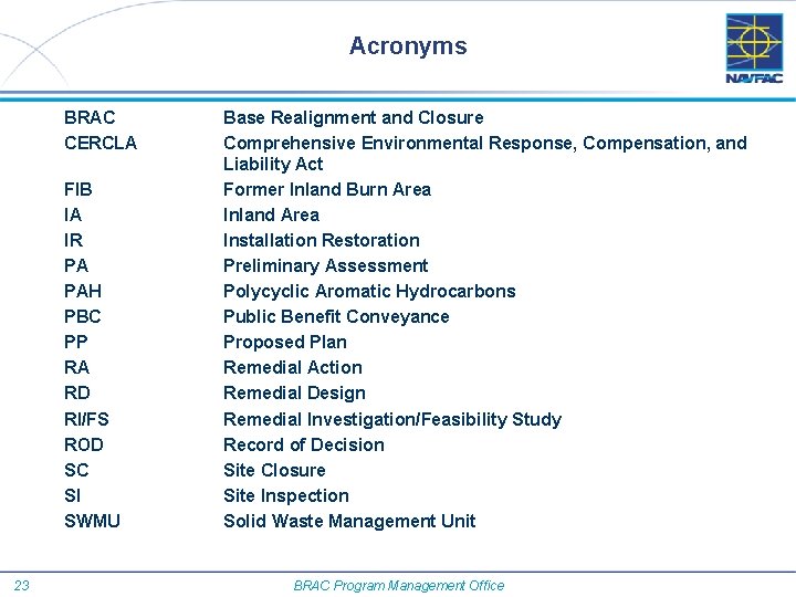 Acronyms BRAC CERCLA FIB IA IR PA PAH PBC PP RA RD RI/FS ROD