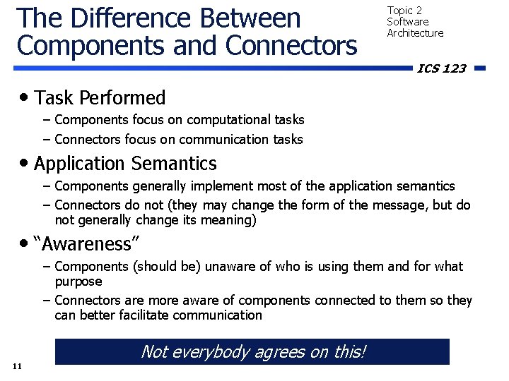 The Difference Between Components and Connectors Topic 2 Software Architecture ICS 123 • Task