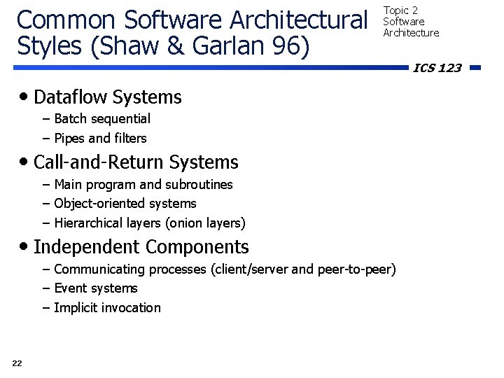 Common Software Architectural Styles (Shaw & Garlan 96) Topic 2 Software Architecture • Dataflow
