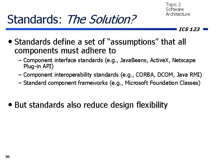 Standards: The Solution? Topic 2 Software Architecture ICS 123 • Standards define a set