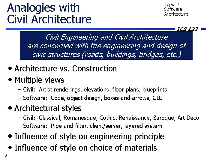 Analogies with Civil Architecture Topic 2 Software Architecture ICS 123 Civil Engineering and Civil