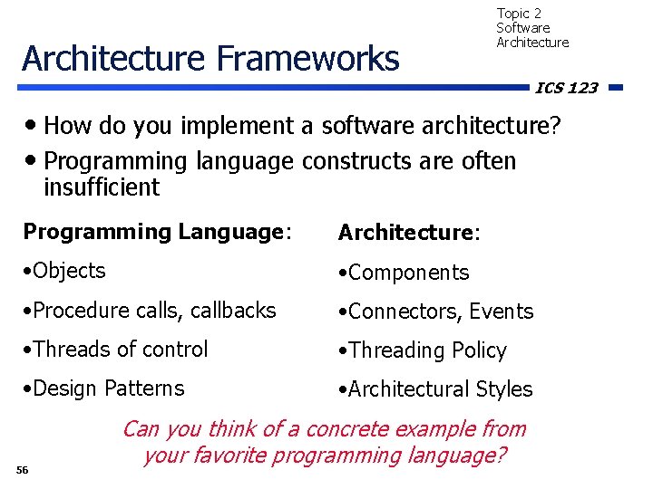 Architecture Frameworks Topic 2 Software Architecture ICS 123 • How do you implement a