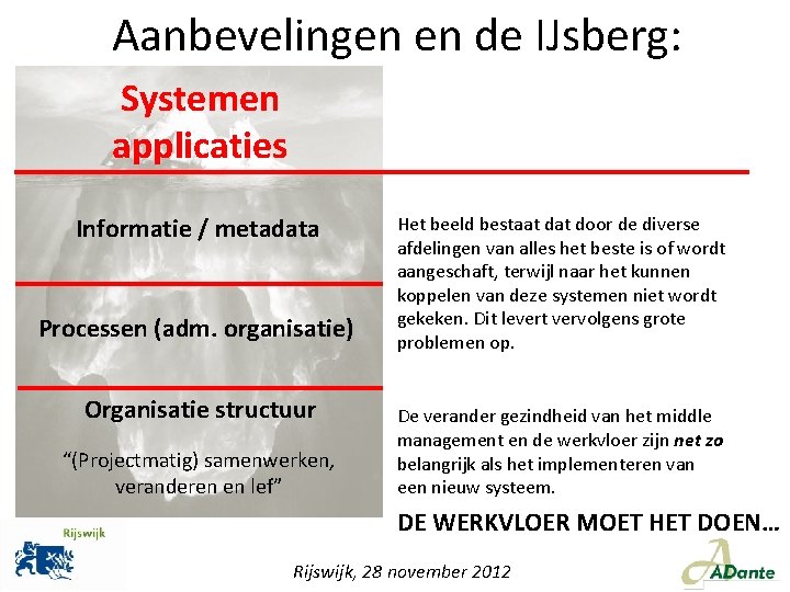 Aanbevelingen en de IJsberg: Systemen applicaties Informatie / metadata Processen (adm. organisatie) Organisatie structuur