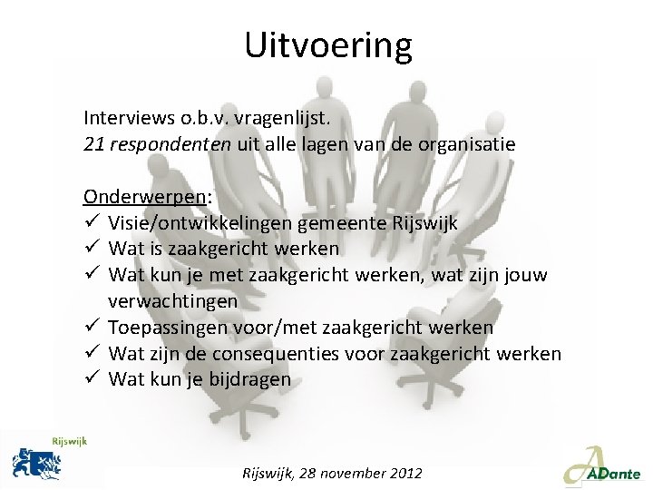 Uitvoering Interviews o. b. v. vragenlijst. 21 respondenten uit alle lagen van de organisatie