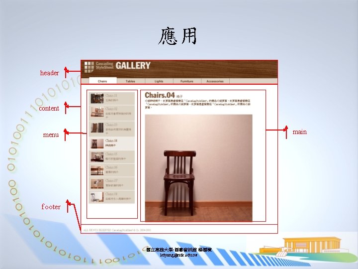 應用 header content main menu footer 國立高雄大學-圖書資訊館 楊國棟 kdyang@nuk. edu. tw 