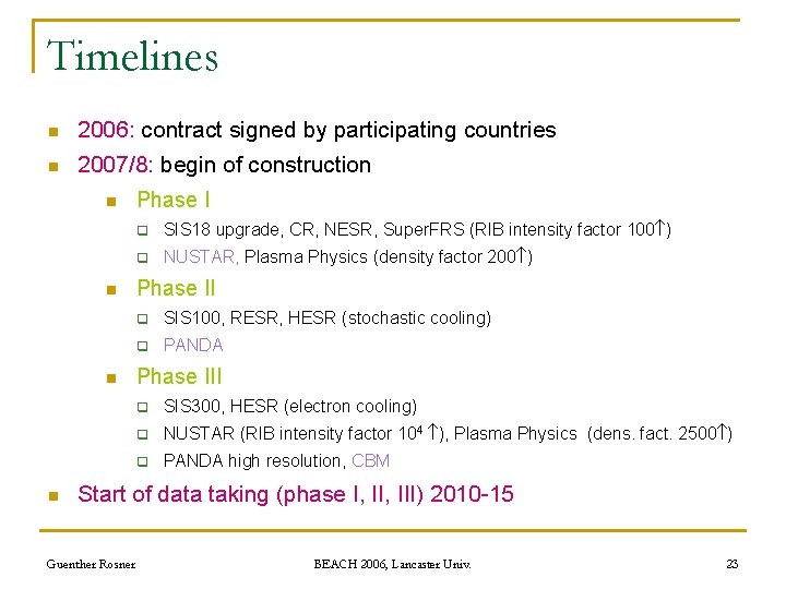 Timelines n 2006: contract signed by participating countries n 2007/8: begin of construction n