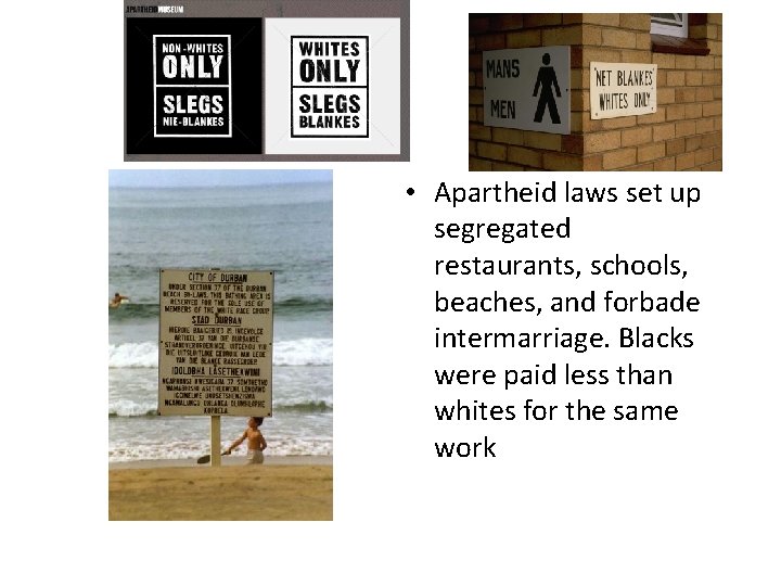  • Apartheid laws set up segregated restaurants, schools, beaches, and forbade intermarriage. Blacks