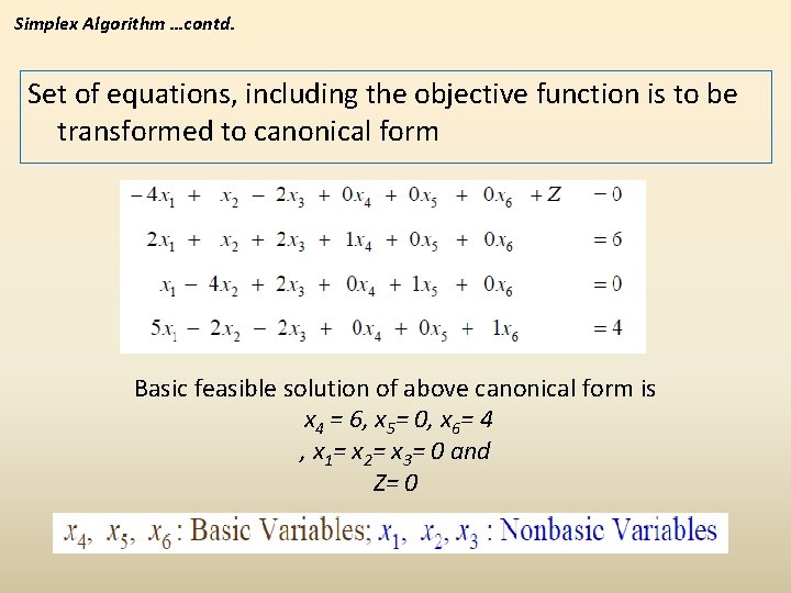 Simplex Algorithm …contd. Set of equations, including the objective function is to be transformed