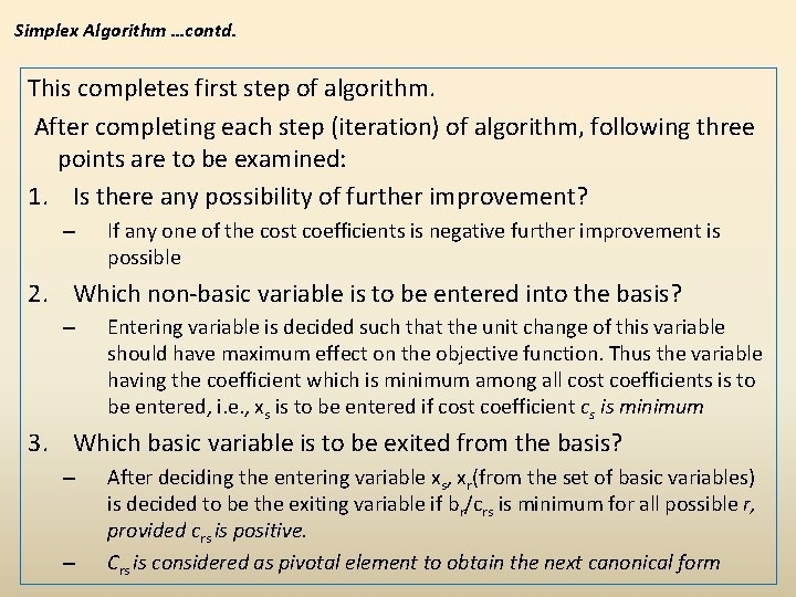 Simplex Algorithm …contd. This completes first step of algorithm. After completing each step (iteration)