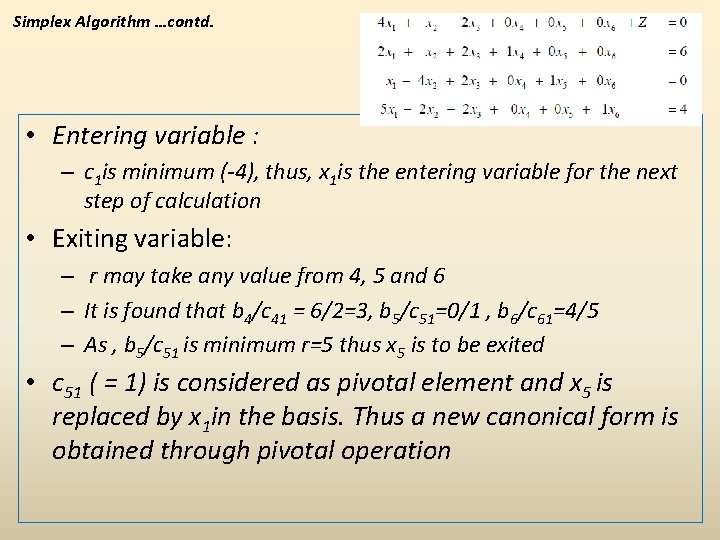 Simplex Algorithm …contd. • Entering variable : – c 1 is minimum (-4), thus,