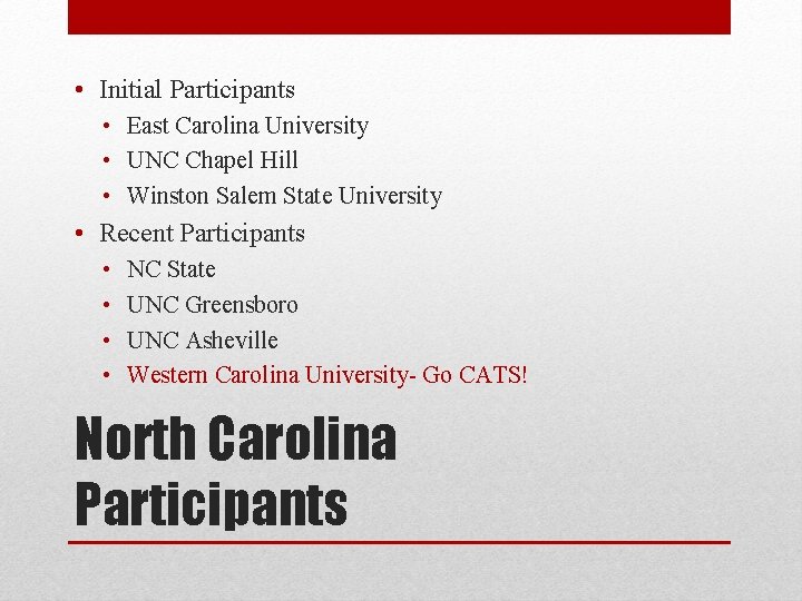  • Initial Participants • East Carolina University • UNC Chapel Hill • Winston