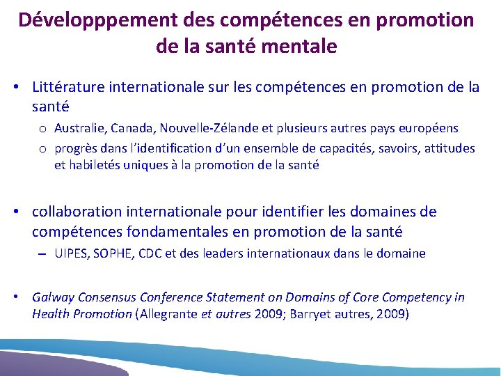 Développpement des compétences en promotion de la santé mentale • Littérature internationale sur les