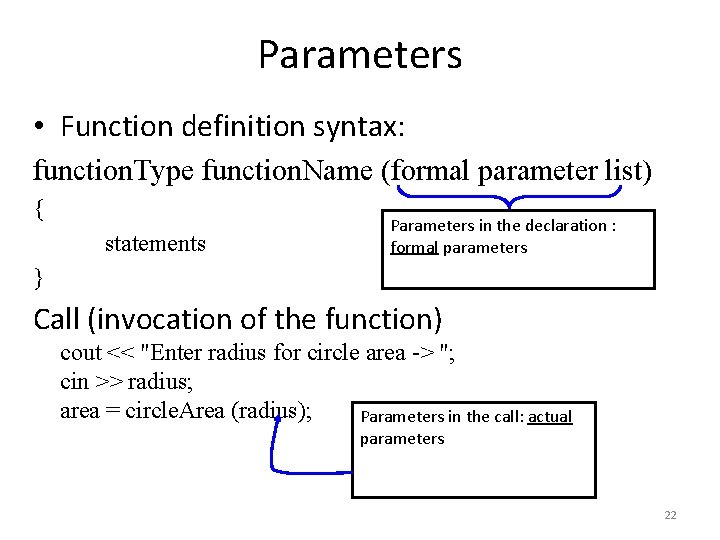 Parameters • Function definition syntax: function. Type function. Name (formal parameter list) { statements